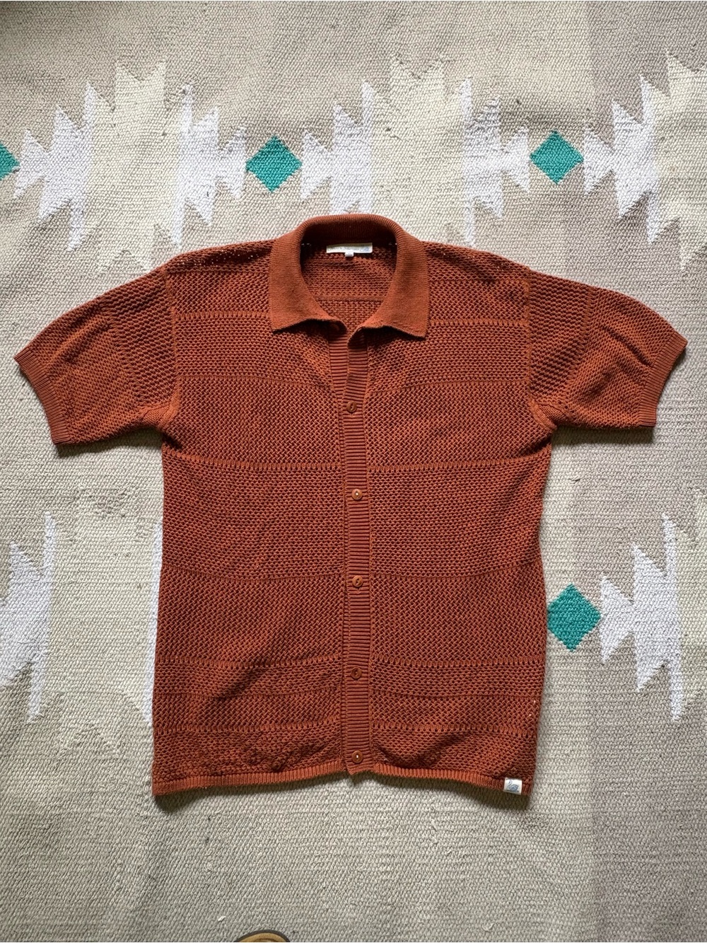 Merz B. Schwanen Short-Sleeve Knit Polo Cardigan in Rust